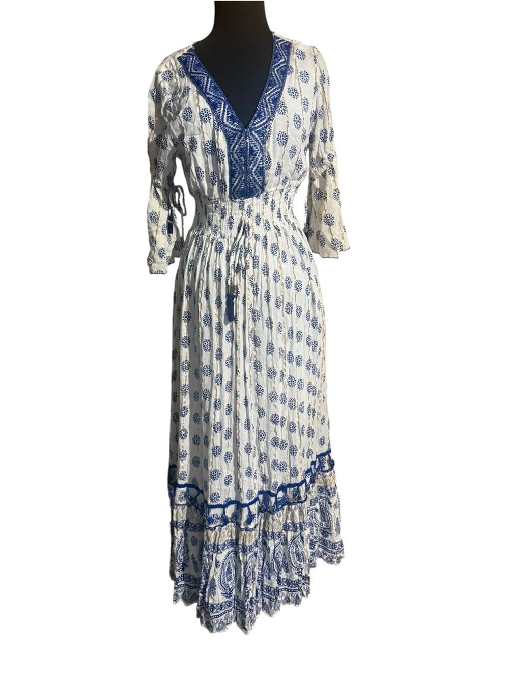 Y2K Me & Magic Boho Maxi Dress Size M Blue Gold Tassel Festival Bell Sleeve